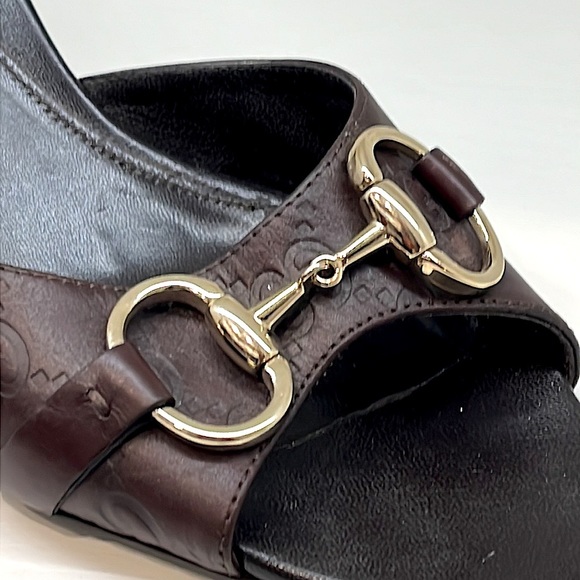 N-11. Gucci Horsebit Open Toe Slides Sandals Heels Dark Brown 8.5B - Picture 2 of 10